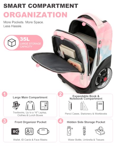 NEW TILAMI 19 Inch Rolling Backpack with Lunch Bag School Stair-Climbing | Stair-Climbing Teen Boys Girls Carry-on Suitcase Large Compartment 15.6 Laptop Sleeve Adjustable Handle Roller Travel Bag - color: Pink