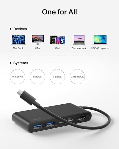 Belkin USB-C Hub 5-Port 4K HDMI 2.0 100W PD for MacBook, iPad & laptops | 5Gbps data transfer, 4K HDMI 2.0 display support, compatible with iPad Pro, Chromebook, and Neo MacBook - style: 5-in-1 USB-C Hub