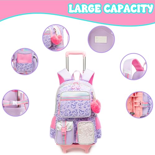 Meetbelify Backpack with Wheels for Girls Rolling Backpack Cute Carry on Backpack for Elementary Student - color: Love Purple