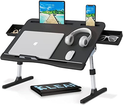Laptop Desk for Bed, Lap Desks Trays with Double Storage Drawers, Adjustable Premium Leather Laptop Stand with Extra Drawstring Bag, Foldable Lap Table for Eating, Working, Writing and Drawing | Adjustable PVC Leather Surface Laptop Bed Stand for Working,