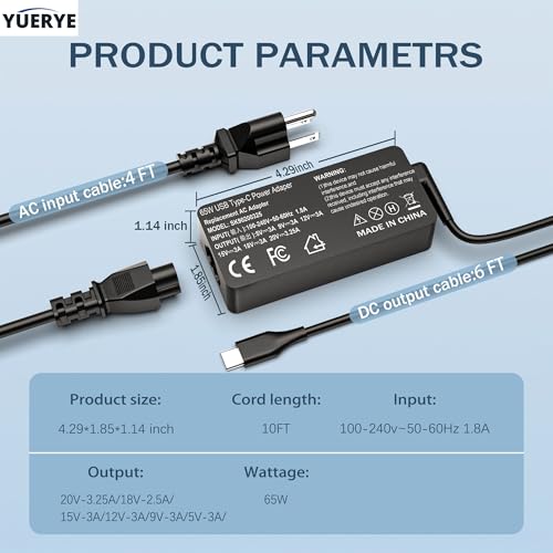 65W USB C Laptop Charger Compatible with Lenovo ThinkPad T14 T15 T16 E14 E15 T480S T580S E480 E580 X1 Carboon Yoga 7i 9i C930 C940 Chromebook C330 S330 Fast Power Adapter - size: 4.29*1.85*1.14in USB C