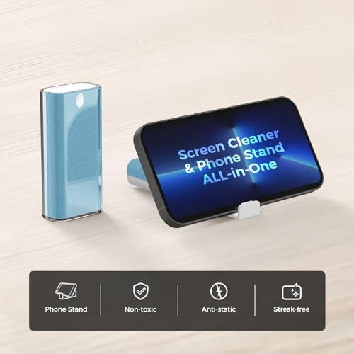 CLICK CLEAN Screen Cleaner with Pull-Out Stand & Microfiber, Light Blue | Fine Mist Spray, Streak-Free, Anti-Static, Removes Fingerprints & Smudges, Gentle Formula, For Phones, Laptop and Tablet - color: Light Blue
