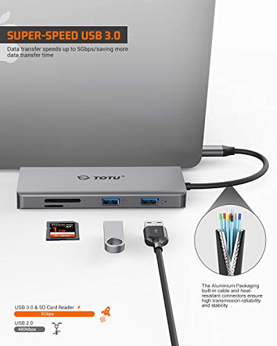 TOTU 11-in-1 USB-C Hub: 4K HDMI, VGA, 2x USB3.0, 2x USB2.0, Ethernet, SD Card Reader, Audio, 3.0 PD, Mac Pro & Laptops Compatible