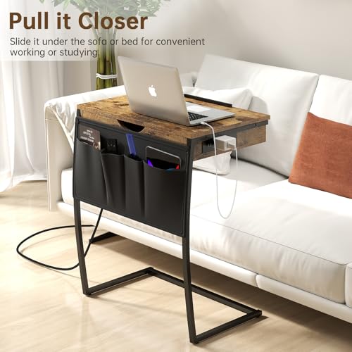 Hadulcet TV Tray Table for Eating on Couch, Tiltable 0-52°, Hidden Storage | Laptop Desk for Couch with Storage & Charging Station, TV Dinner Trays for Small Spaces, C Shaped End Table, Rustic Brown - size: 28.5"
