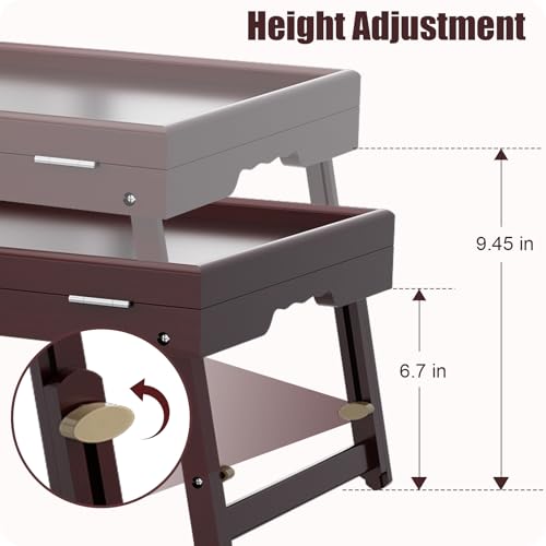 Bamboo Adjustable & Foldable Bed Tray Table with Ergonomic Handle, 17x12in Breakfast Tray for Eating, Laptop Desk, Sofa Snacking, Non-Slip Surface (Mahogany) - color: Jujube Red — 1 Pack, size: 17 x 12.2 x 2.4 in (1 Pack)
