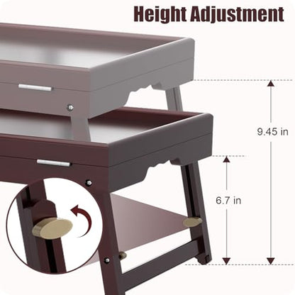 Bamboo Adjustable & Foldable Bed Tray Table with Ergonomic Handle, 17x12in Breakfast Tray for Eating, Laptop Desk, Sofa Snacking, Non-Slip Surface (Mahogany) - color: Jujube Red — 1 Pack, size: 17 x 12.2 x 2.4 in (1 Pack)