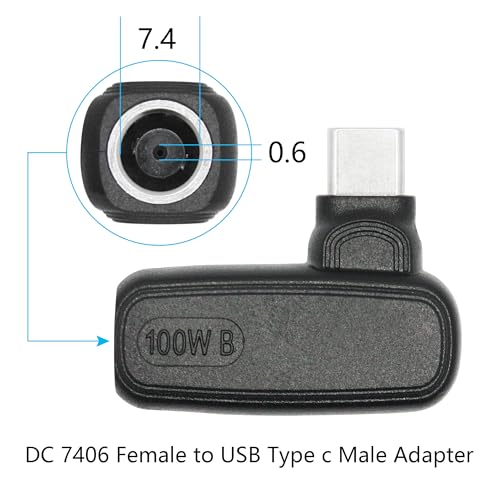 90 Degree 100W DC 7.4mm x 0.6mm Power Adapter, Input 15 - 20.5V, PD Chip | Right Angle DC 7406 Female to USB Type C Male PD Plug, Built in PD Intelligent Chip Quick Identification V/A, for USB C Port - style: DC 7406 Female to USB Type c Male - 100W