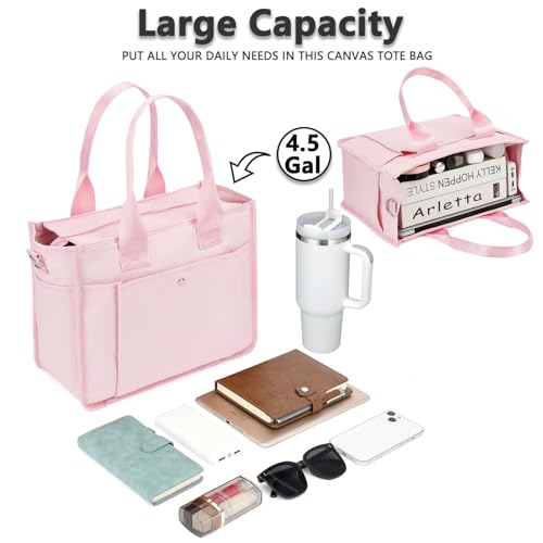 Fammart Large Canvas Tote Bag for Women with Zipper & Compartments, Crossbody Laptop Bags for Work College Travel - color: Pink
