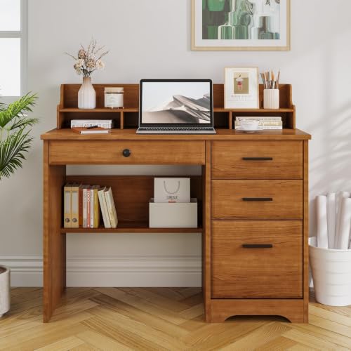 4 EVER WINNER Small Desk with Drawers for Small Spaces, 44'' Wood Desk with File Drawer & Monitor Stand, Office Desks Writing Study Table for Bedroom, Living Room, Brown - color: Brown