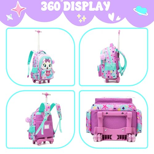 Meetbelify Cute Cat Rolling Backpack with Wheels for Elementary Preschool Students Kids Travel Luggage Carry on Backpack for Girls Ages 6-8 - color: 01 Mermaid Cat