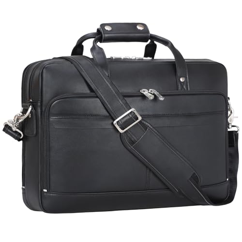Masa Kawa Leather Briefcase for Men 15.6" 17" Laptop Business Messenger Bag | Computer Sleeve, Travel Luggage Strap, Professional Office Work Lawyer Crossbody Shoulder Attache Case - color: Black - Fits 15.6 Inch Laptop