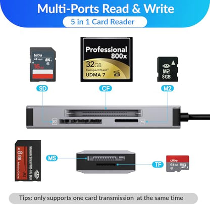 5-in-1 Multi Memory Card Reader,Aluminum SD/TF/CF/MS/M2/Cfast/Memory Stick Pro Duo/Micro SD Card Reader Adapter for i-Phone/i-Pad USB C and USB A Devices,No Application Required Plug and Play | Micro SD Card Reader Adapter for i-Phone/i-Pad USB C and USB