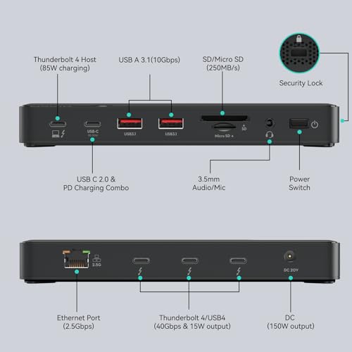 MOKiN Thunderbolt 4 Dock, Laptop Docking Station Dual Monitor, 8k@30hz Hdmi, 3*TB4 Ports 40Gb/s, USB-A/C, 2.5GbE Ethernet, Audio, SD, 85w Power for MacBook,Dell,Lenovo(Thunderbolt Certified)