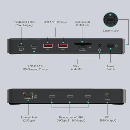 MOKiN Thunderbolt 4 Dock, Laptop Docking Station Dual Monitor, 8k@30hz Hdmi, 3*TB4 Ports 40Gb/s, USB-A/C, 2.5GbE Ethernet, Audio, SD, 85w Power for MacBook,Dell,Lenovo(Thunderbolt Certified)