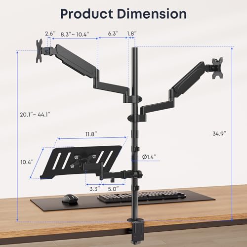 Dual Monitor and Laptop Mount Stand, Fits 32" Screens & 17" Laptops | 19.8 lbs per Arm,Fits 10-17" Laptops,Extra Long Pole,Full Motion & Height Adjustable, C-clamp Desk Mounting