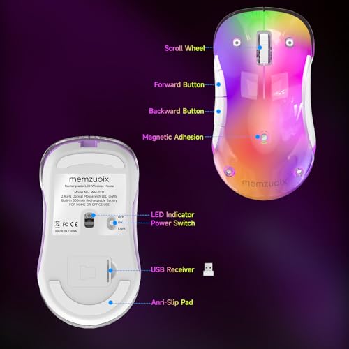 memzuoix 2.4G LED Wireless Mouse, Rechargeable Ergonomic Mouse with Detachable Cover, 1400 DPI Portable Optical Computer Mouse with USB Receiver for Laptop, PC, Desktop and MacBook, 5 Buttons-Purple - color: Purple
