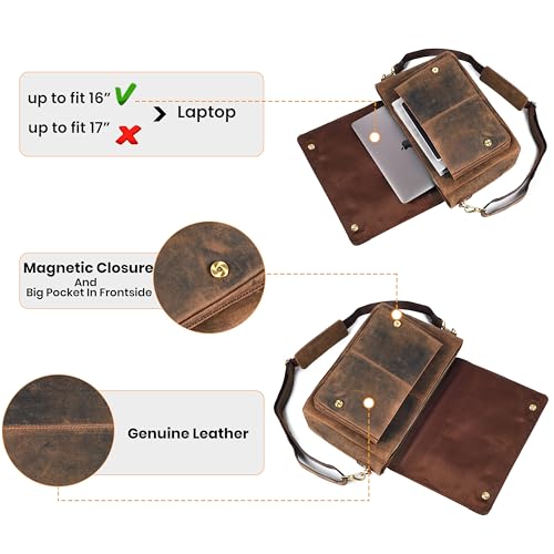 Genuine Leather Messenger Bag-16'' Satchel Shoulder Bag for Men & Women, Crossbody Work Bag for Travel, Office, and Daily Use - color: Brown