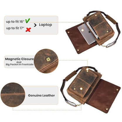 Genuine Leather Messenger Bag-16'' Satchel Shoulder Bag for Men & Women, Crossbody Work Bag for Travel, Office, and Daily Use - color: Brown