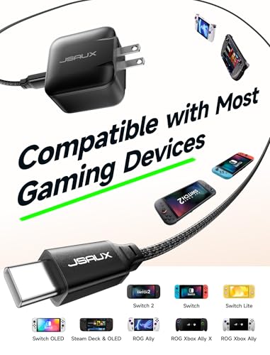 JSAUX 65W GaN USB C Charger for Nintendo Switch 2, Powers in TV Mode, with EU/UK Plug & 6.6FT Cable for ROG Xbox Ally, Steam Deck, ROG Ally, iPhone 17e/17, Galaxy S26, Tablet & Laptop – Black - color: Black