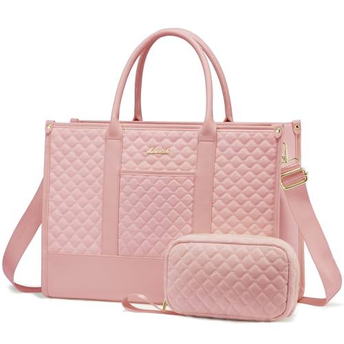 LOVEVOOK Laptop Bags for Women, 15.6 inch Waterproof Work Tote Bag with Clutch, Professional Teacher Computer Purse Lightweight Shoulder Bag Travel, Quilted Pink - color: Pink, size: 15.6 inch