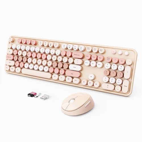 Wireless Keyboard and Mouse Combo, Ergonomic Full Size Typewriter Retro Round Keycaps Keyboard, Compatible with Windows, PC, Perfer for Home and Office Keyboards (Chocolate Color) - color: Lovely Brown