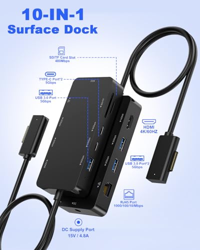 10-in-1 Surface Docking Station for Surface Pro & Laptop, 4K@60Hz HDMI, USB-C & USB 3.0 Ports, SD/TF Card Reader, Gigabit Ethernet, PD Charging, Magnetic Surface Connect