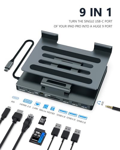 2026 iPad Pro USB C Hub Stand, Adapter for iPad Air M5 M4 M3 13 11 12.9 Inch Docking Station 4K 60Hz HDMI, RJ45 Ethernet, SD/TF Card Reader, 3 USB 3.0 Port, 3.5mm Audio, iPad A16 Galaxy Tablet Dock