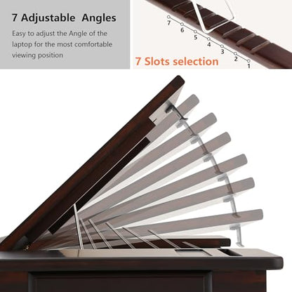 Nnewvante Bamboo Laptop Bed Desk, Adjustable Height & Angle, Black Walnut | With Drawer, Tablet & Phone Slots, Foldable Computer Lap Table, Breakfast Serving Tray for Bed Floor, 27.95" x 13.8" - color: Black Walnut