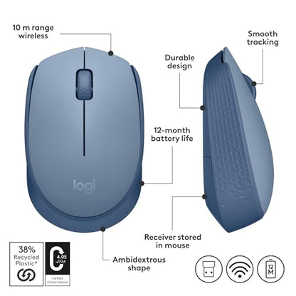Logitech M170 Compact Ambidextrous 2.4 GHz Wireless Mouse - Blue Grey | Ambidextrous mouse with 2.4 GHz USB-A Nano Receiver, Optical Tracking, 12-Months Battery Life, PC, Mac, Laptop compatible - color: Blue Grey
