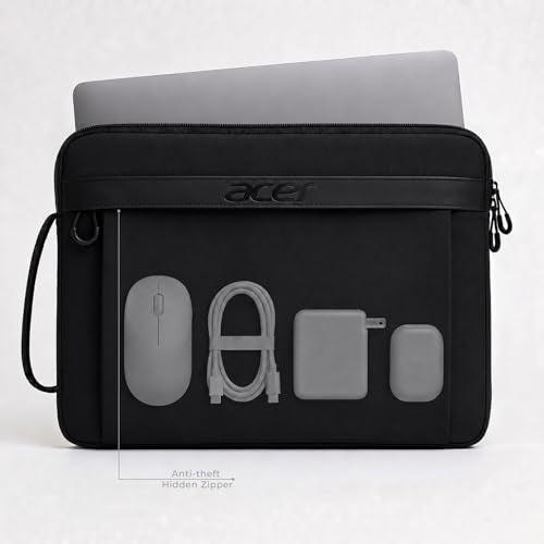 Acer Laptop Sleeve Case for 13.3-14 inch Laptops, Slim Protective Computer Sleeve with Hidden Zipper Pocket, Soft Plush Bubble Padding, Side Handle and Luggage Strap, Travel Laptop Bag, Black | Slim, Soft Bubble Padding, Extra Front Storage, Wrist Strap,