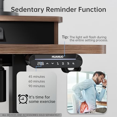 HUANUO 55" x 26" Electric Standing Desk with 2 Drawers, C-Clamp Mount Compatible, Height Adjustable Computer Desk, Home Office Stand Up Desk with 4 Preset Heights & 2 Hooks, Walnut - color: Walnut, size: 55" X 26"