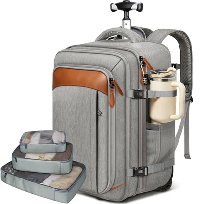 Vancropak Travel Rolling Backpack with Wheels, Airline Approved Roller Bag | Expandable Wheeled Backpack with 3 Packing Cubes, 17 Inch Roller Carry on Luggage Suitcase Laptop Bag for Men & Women, Grey - color: Grey