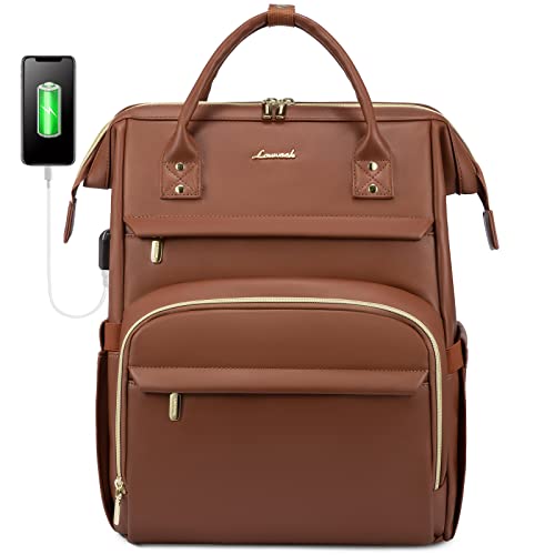 Leather Laptop Backpack for Women with USB Port - 17in, Travel Purse for Nurse, Teacher, College, Business - Carry On Backpack by LOVEVOOK - color: Brown, size: 17 Inch