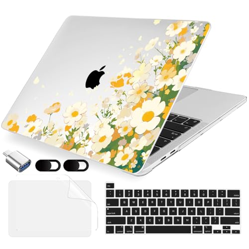 MecBevia Compatible with MacBook Pro 13 inch Case 2022 2021 2020 Release M2 M1 A2338 A2251 A2289, Plastic Hard Shell&Keyboard Cover&Screen Protector&Webcam Cover&Type-C Adapter, Scatter Daisies - color: Scatter Daisies