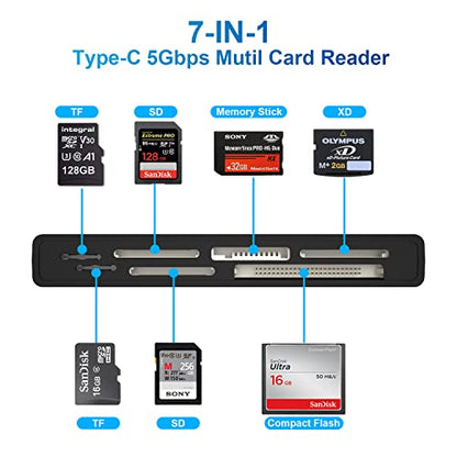 USB C Multi Card Reader, SD/TF/CF/XD/MS Type-C 5Gps High Speed 7-in-1 XD Picture Card Reader for SDXC SDHC TF Micro SD CF MS MMC Card, Sony Memory Stick Pro Duo Adapter Read 5 Cards Simultaneously