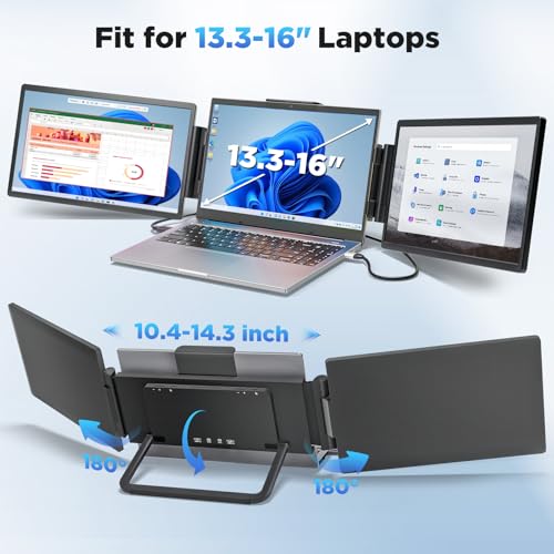 Laptop Screen Extender, 14" 1200P FHD IPS Light & Portable Triple Monitor 16:10 for 13.3"-16" Laptops, USB-C & HDMI Plug & Play Monitor Extender with Metal Stand for Mac/Wins/Android/Chrome