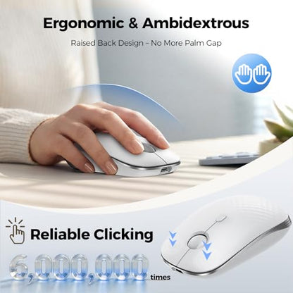TECKNET Rechargeable Slim Portable Silent Computer 2.4 GHz Wireless Mouse | Lightweight Ambidextrous with USB-A Receiver, 4000 DPI Optical Tracking 90-Day Battery Life, Compatible with PC, Mac, Laptop - color: Silver white