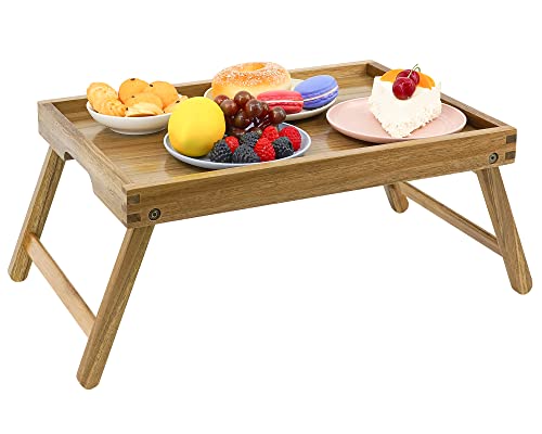 VaeFae Acacia Bed Table Tray, Wooden Breakfast Tray with Folding Legs, Bed Tray for Eating and Laptop, Eating Trays for Bedroom - size: Medium
