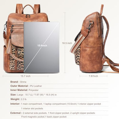 Laptop Backpack for Women 15.6 inch,Travel Leather Backpack Purse Nurse Teacher Carry on Backpack Computer Bag,Professional Water-Resistant College Business Work Casual Daypack,Two-tone Maroon - color: Brown With Leopard