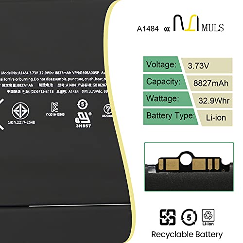 MULS A1484 A1474 Tablet Battery Replacement for iPad 5th 6th 7th 8th 9th | Generation A1822 A1823 A1893 A1954 A2197 A2198 A2270 A2428 A2429 A2430 A2602 A2603 A2604 A1474 A1475 for iPad 5/6/7/8/9/Air 1 - size: 10.04*5.83*0.98 in A1484