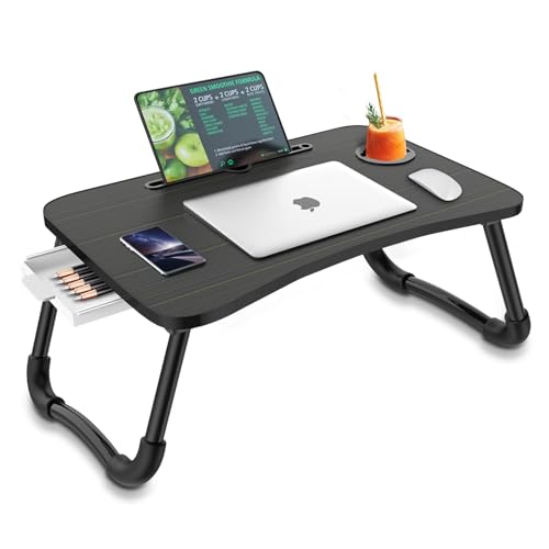 Zapuno Foldable Laptop Bed Table Multi-Function Lap Serving Tray Dining Table with Storage Drawer and Water Bottle Holder, Slot for Eating, Working on Couch/Sofa (Arc Shape) - color: Black