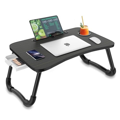 Zapuno Foldable Laptop Bed Table Multi-Function Lap Serving Tray Dining Table with Storage Drawer and Water Bottle Holder, Slot for Eating, Working on Couch/Sofa (Arc Shape) - color: Black