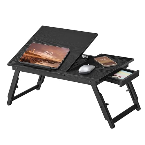 SONGMICS Bed Laptop Desk, Folding Bed Tray, Adjustable Angle and Height | Folding Bed Tray for Laptop up to 15.6 Inches, Portable for Working Reading Writing Breakfast, Drawer, ULLD105BE01 - color: Ebony Black, size: 13.7"D x 21.8"W（Bamboo+MDF）