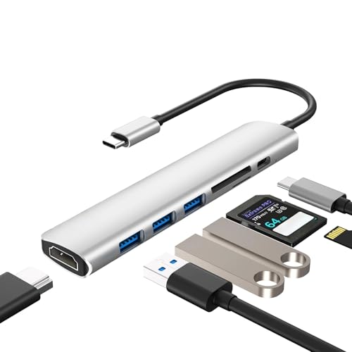 WALNEW 7-in-1 USB C Hub, 4K HDMI, 100W PD, SD/TF Reader, USB 3.0, Silver | USBC Dongle Multiport Adapter, Thunderbolt 4 dock for MacBook Pro/Air, Mac, iPad, Surface, Dell XPS, Samsung Galaxy Tab - color: Silver