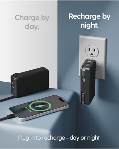 myCharge RetractaCharger 10000mAh Power Bank – 28" Retractable 2 USB-C Cables | Built-in Wall Plug | 30W PD Fast Charging | Digital Battery Display | USB-C/A Ports | Up to 60 Hrs Extra Power | Black - size: 2 USB-C Cables