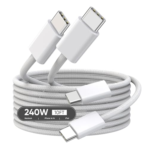 USB C to USB C,240W USBC Woven Charge Cable,10FT 2Pack Long USBC Cable Fast Charging Cord for Apple MacBook Pro/MacBook Air,iPad Pro/Air,iPad mini,iPhone 16e 16 15 ProMax Compatible 140W/100W/60W/45W - color: Woven, size: 10FT