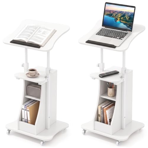 Tangkula Mobile Lectern Podium Set of 2, Height Adjustable Podium Stand, Standing Sit-to-Stand Desk, Rolling Cart Laptop Desk with Swivel Top Movable Wheels & Storage - color: White, size: 20" x 16" x 44"