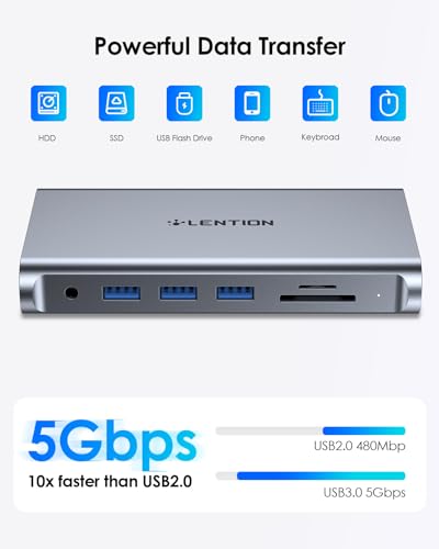 LENTION 11-in-1 USB C Docking Station with Detachable 3.3ft Long Cable, 4K@60Hz HDMI, 100W PD, Ethernet, USB 3.0, SD/TF, Vertical Design for MacBook Pro/Air/Neo, Dell, HP, Lenovo, Surface Laptop (D54) - color: Space Gray