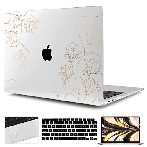TWOLSKOO for 2021 2020 2019 2018 MacBook Air 13 inch Case A2337 M1 A2179 A1932, Hard Shell Case with Keyboard Skin & Screen Protector for MacBook Air 13.3 inch with Retina & Touch ID, Gold Florals - color: Gold Florals X449