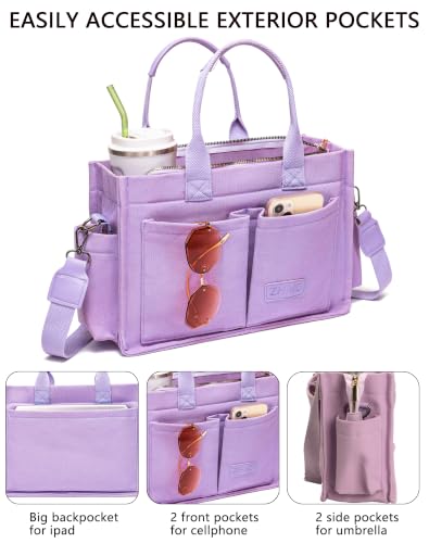 Canvas Tote Bag for Women,Women's Bags Crossbody Bags Work Laptop Tote Bag Large Handbags Purse for Travel Nurse Teacher - color: New Upgrade Plus Purple With Compartments and Inner Cup Holders
